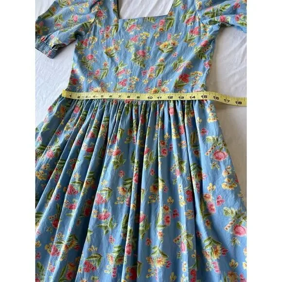 VTG Komil Honolulu Dress Square Neck MIDI Blue Floral A-line Puff Sleeves SM - Picture 9 of 11